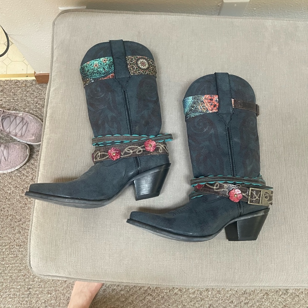 Durango Heeled Boots Blue and Brown Western Style - Picture 2 of 7